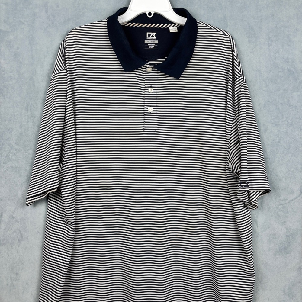 Cutter & Buck Mens 3XB Polo Shirt CB DryTec Navy Blue White Striped Golf Top